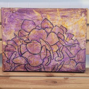 Peaceful mixed media painting by an Ontario-based Canadian artist, featuring delicate botanicals layered with thin washes of acrylic paint. Soft textures and natural forms create a calming, organic composition.