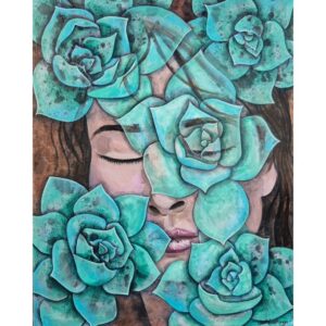 Peaceful acrylic painting by an Ontario-based Canadian artist, featuring delicate botanicals and portraiture layered with thin washes of acrylic paint. Soft textures and natural forms create a calming, organic composition.